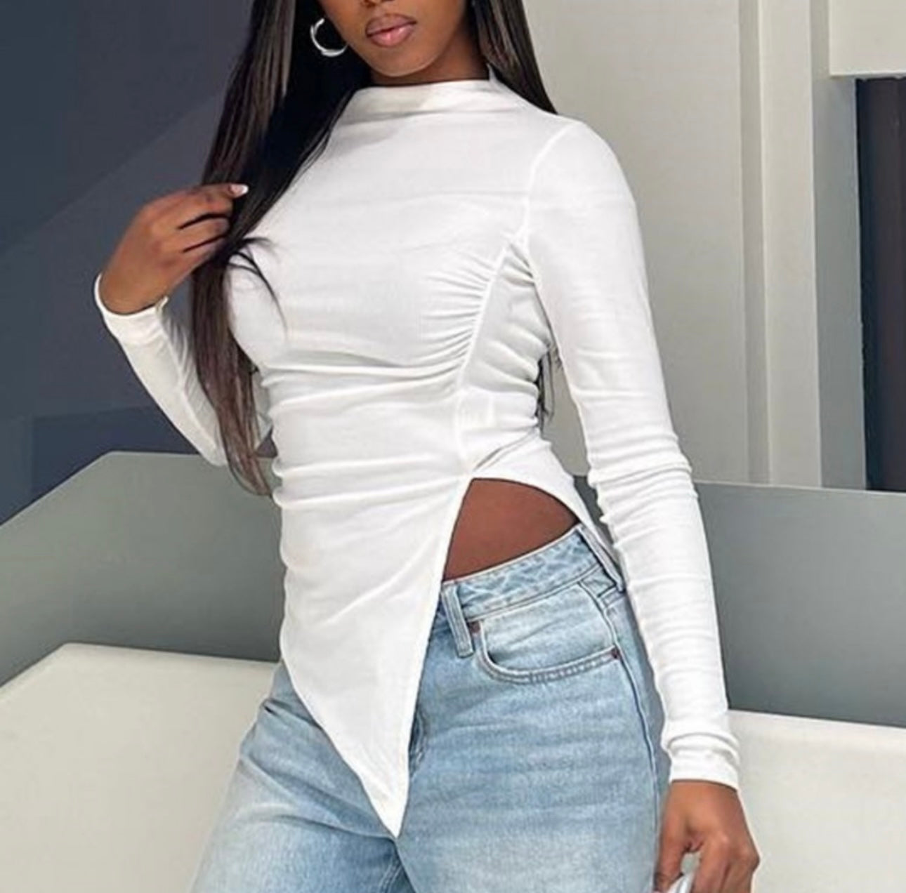 Ruched Slit Hem Long Sleeve Top