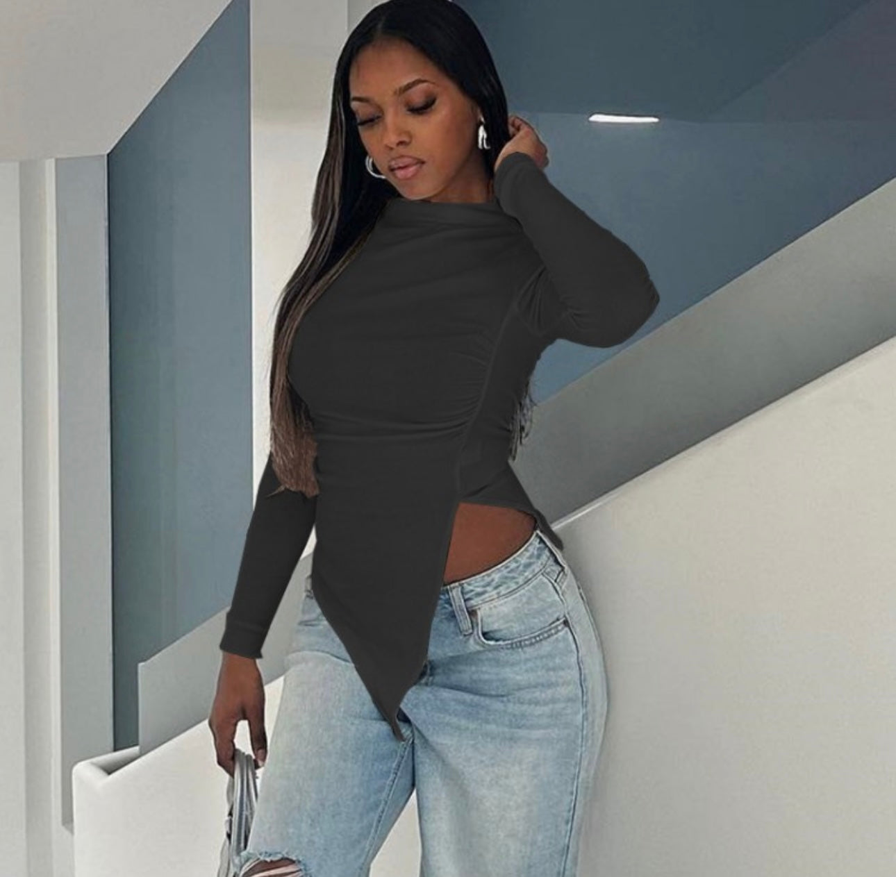 Ruched Slit Hem Long Sleeve Top