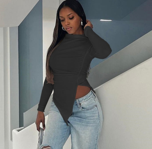 Ruched Slit Hem Long Sleeve Top