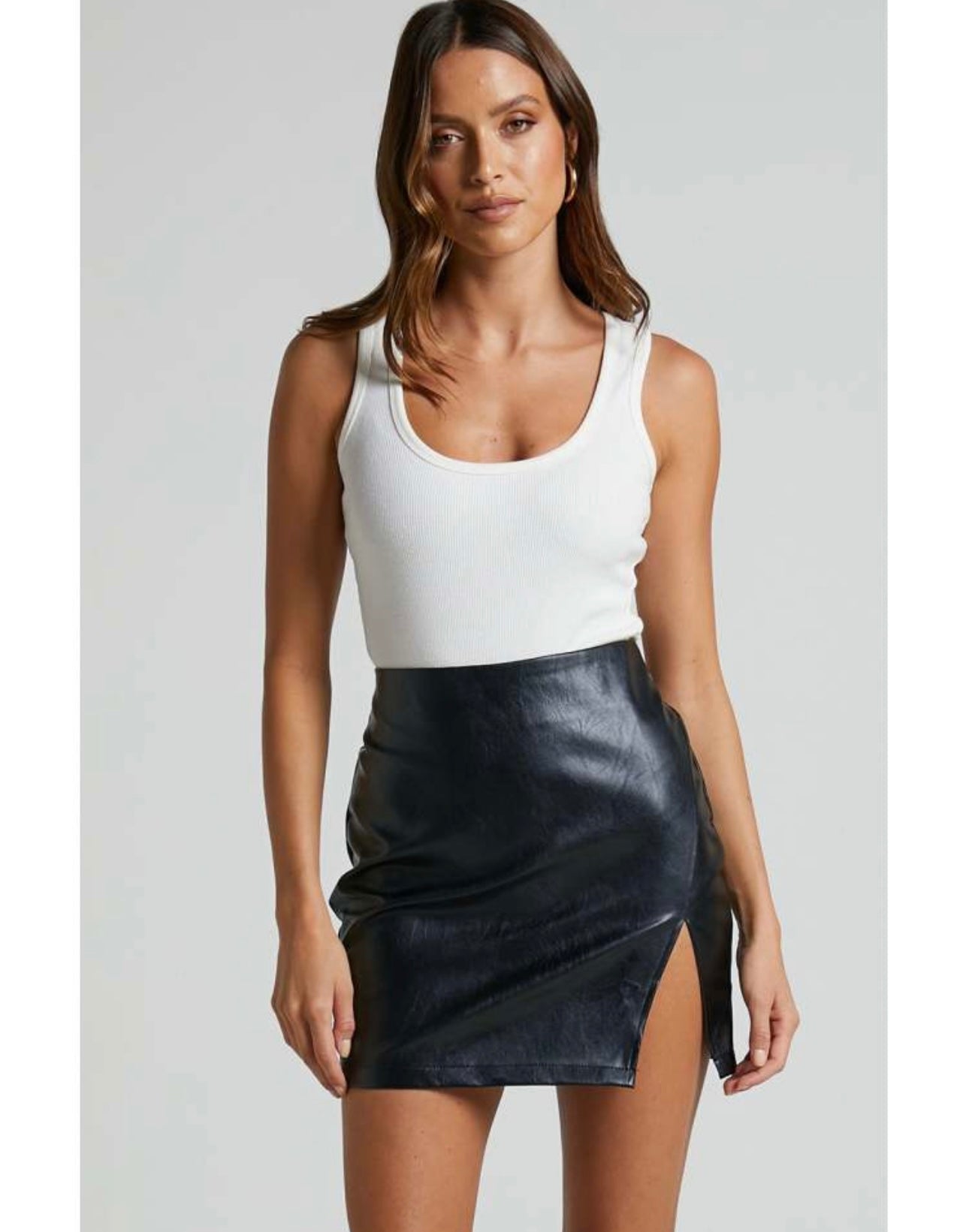 Faux Leather Slit Mini Skirt